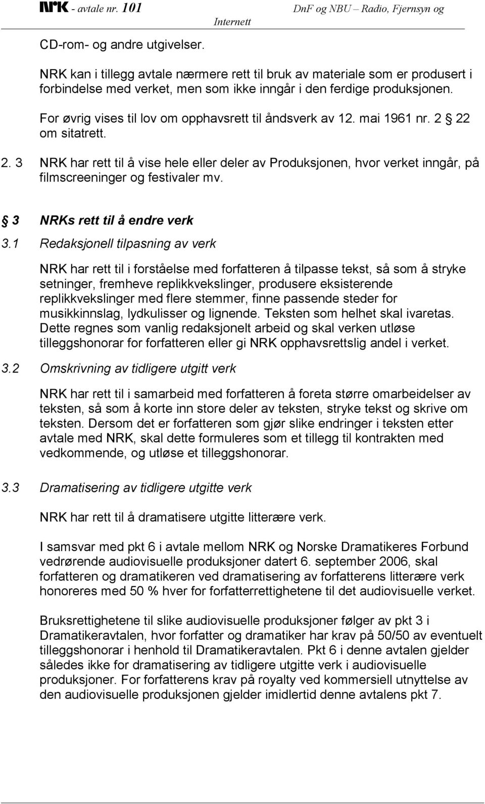 For øvrig vises til lov om opphavsrett til åndsverk av 12. mai 1961 nr. 2 22 om sitatrett. 2. 3 NRK har rett til å vise hele eller deler av Produksjonen, hvor verket inngår, på filmscreeninger og festivaler mv.