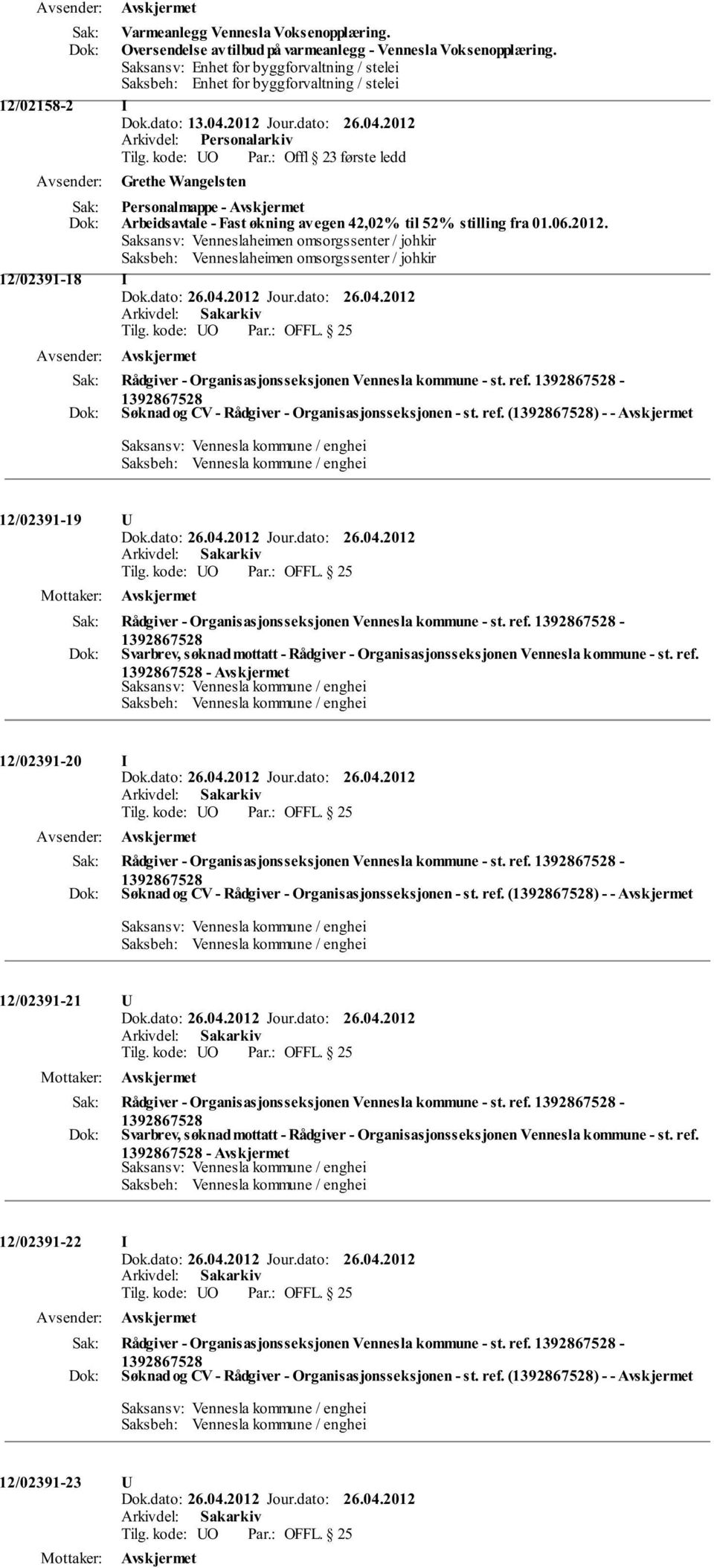 Saksansv: Venneslaheimen omsorgssenter / johkir Saksbeh: Venneslaheimen omsorgssenter / johkir 12/02391-18 I Rådgiver - Organisasjonsseksjonen Vennesla kommune - st. ref.