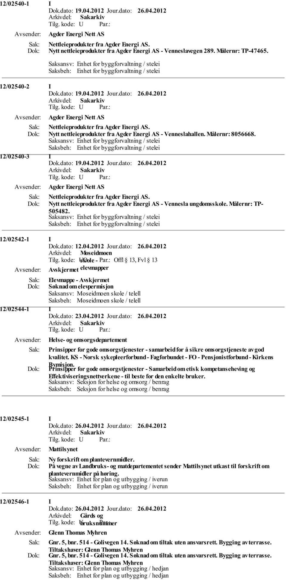 12/02540-3 I Dok.dato: 19.04.2012 Jour.dato: 26.04.2012 Agder Energi Nett AS Nettleieprodukter fra Agder Energi AS. Nytt nettleieprodukter fra Agder Energi AS - Vennesla ungdomsskole.