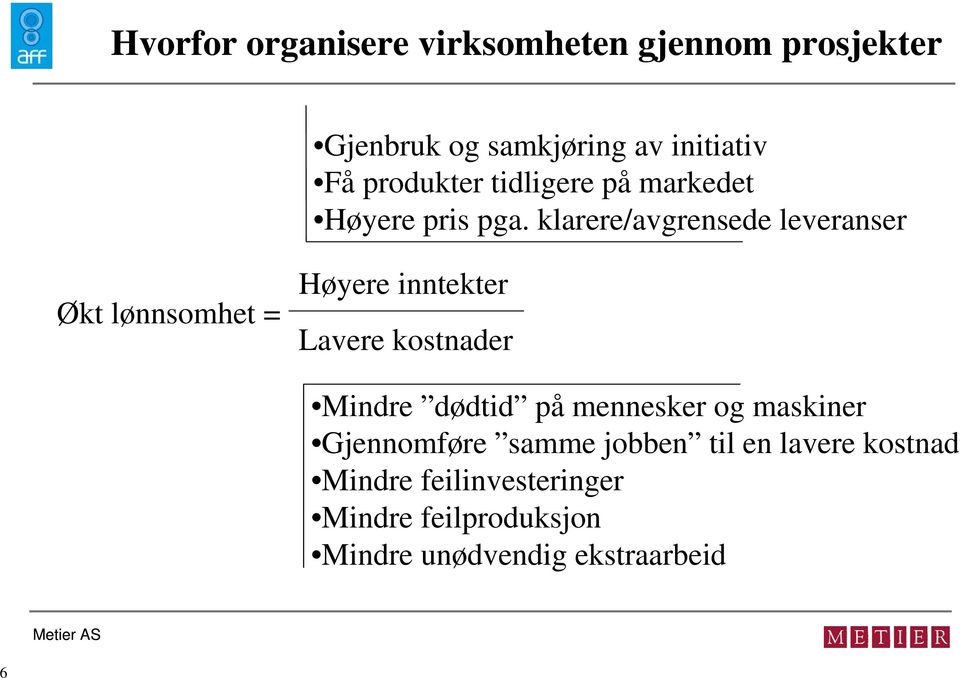 klarere/avgrensede leveranser Økt lønnsomhet = Høyere inntekter Lavere kostnader Mindre dødtid