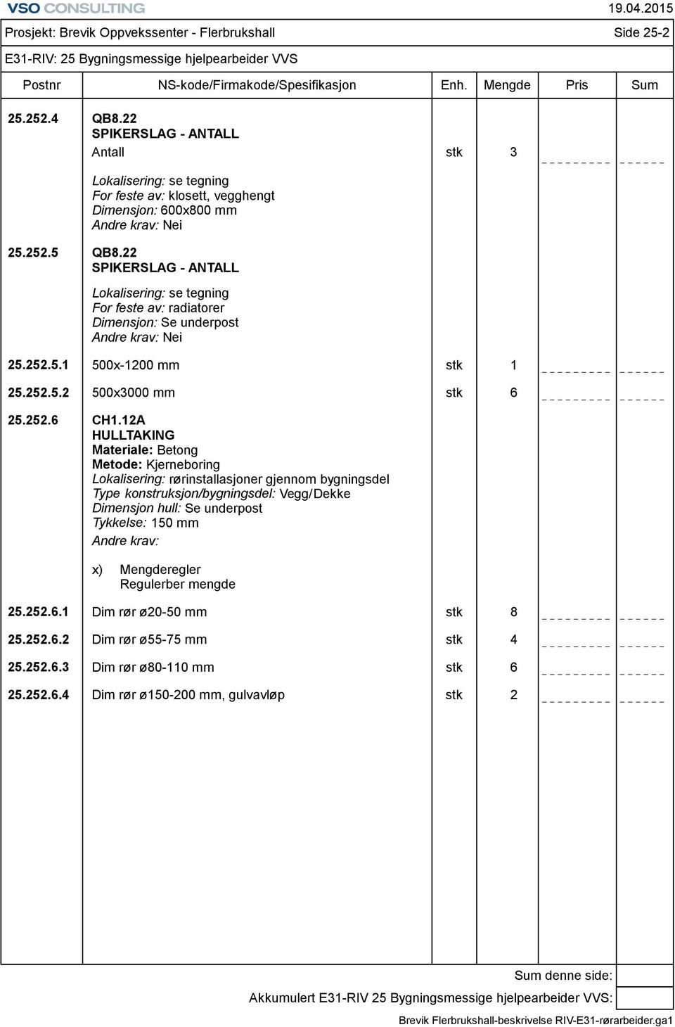 12A HULLTAKING Materiale: Betong Metode: Kjerneboring Lokalisering: rørinstallasjoner gjennom bygningsdel Type konstruksjon/bygningsdel: Vegg/Dekke Dimensjon hull: Se underpost Tykkelse: 150 mm x)