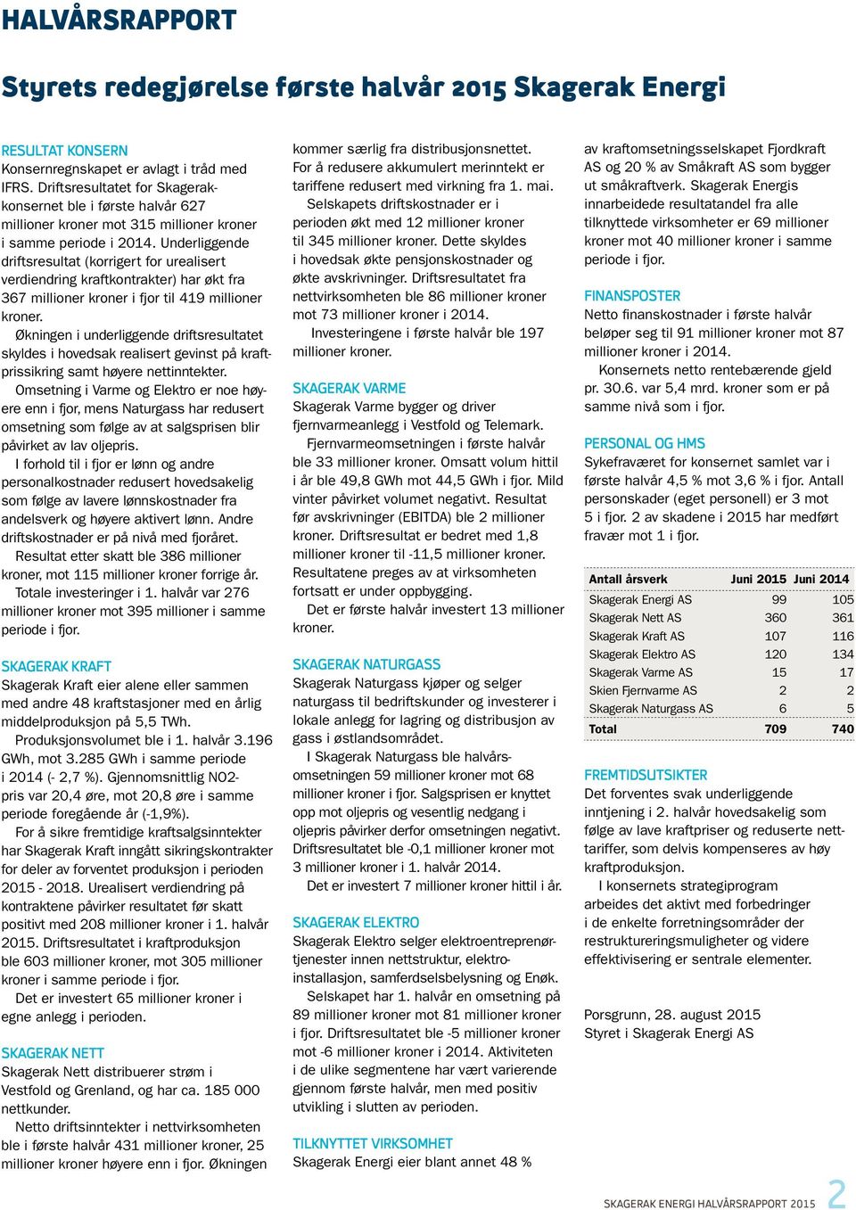 Underliggende driftsresultat (korrigert for urealisert verdiendring kraftkontrakter) har økt fra 367 millioner kroner i fjor til 419 millioner kroner.