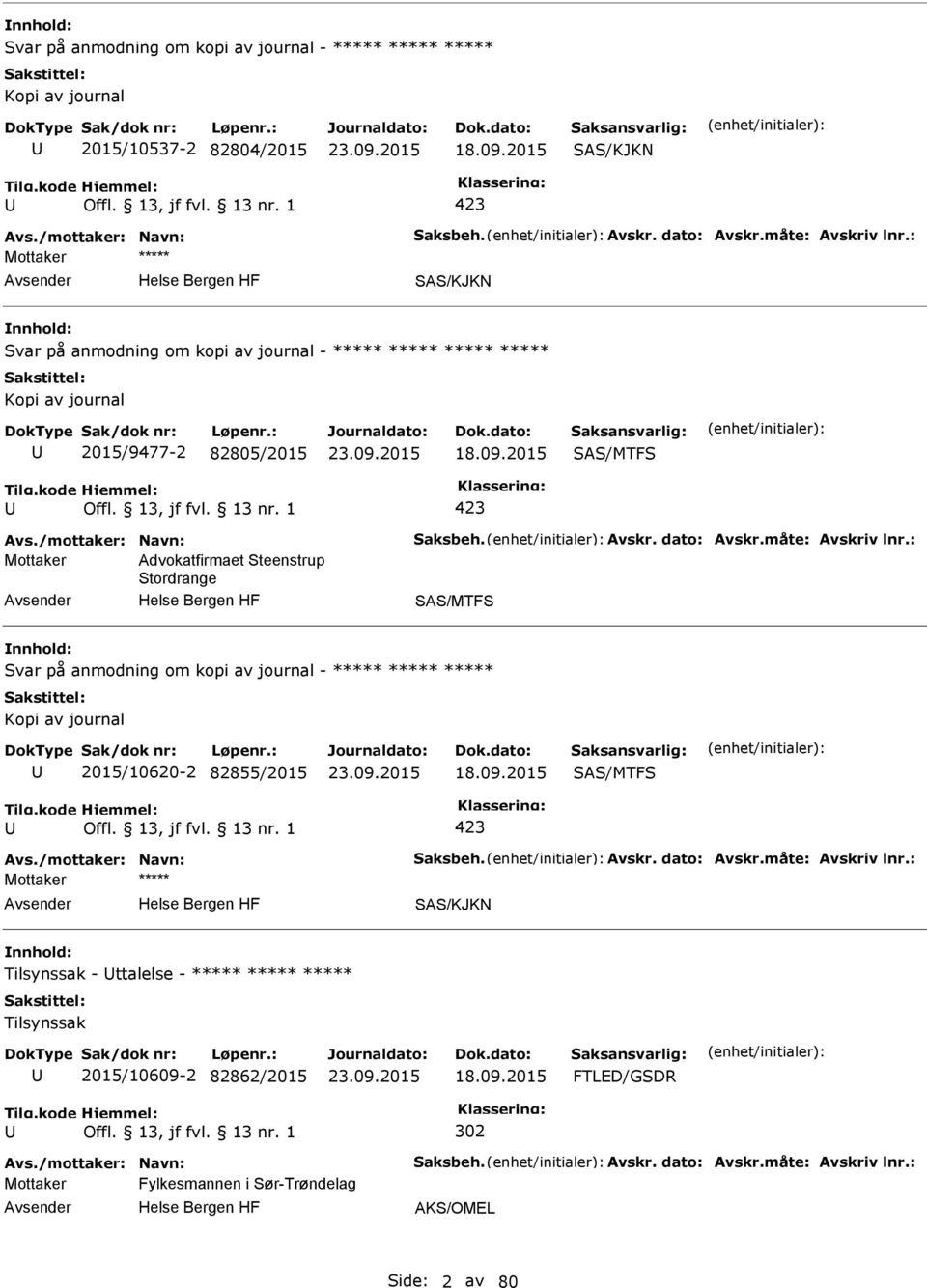 måte: Avskriv lnr.: Mottaker Advokatfirmaet Steenstrup Stordrange SAS/MTFS Svar på anmodning om kopi av journal - ***** ***** ***** Kopi av journal 2015/10620-2 82855/2015 18.09.2015 SAS/MTFS 423 Avs.