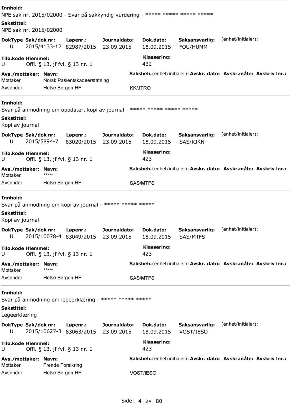 2015 SAS/KJKN 423 Avs./mottaker: Navn: Saksbeh. Avskr. dato: Avskr.måte: Avskriv lnr.: SAS/MTFS Svar på anmodning om kopi av journal - ***** ***** ***** Kopi av journal 2015/10078-4 83049/2015 18.09.