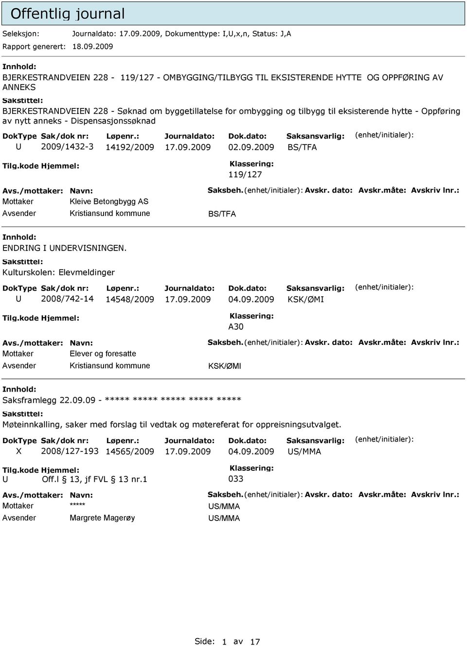 anneks - Dispensasjonssøknad 2009/1432-3 14192/2009 02.09.2009 BS/TFA 119/127 Avs./mottaker: Navn: Saksbeh. Avskr. dato: Avskr.måte: Avskriv lnr.: Mottaker Kleive Betongbygg AS BS/TFA NDRNG NDRVSNNGN.