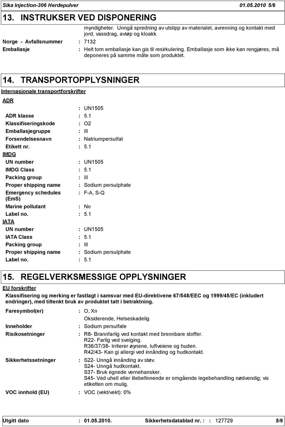 Emballasje som ikke kan rengjøres, må deponeres på samme måte som produktet. 14.