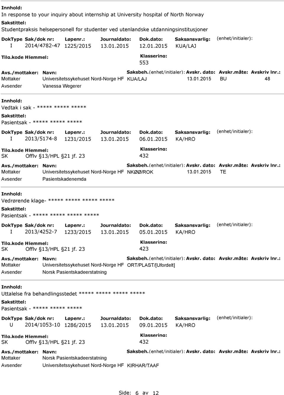 01.2015 Avs./mottaker: Navn: Saksbeh. Avskr. dato: Avskr.måte: Avskriv lnr.