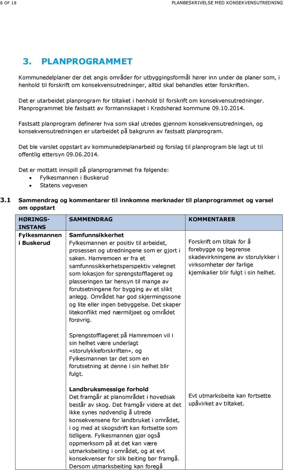 Det er utarbeidet planprogram for tiltaket i henhold til forskrift om konsekvensutredninger. Planprogrammet ble fastsatt av formannskapet i Krødsherad kommune 09.10.2014.