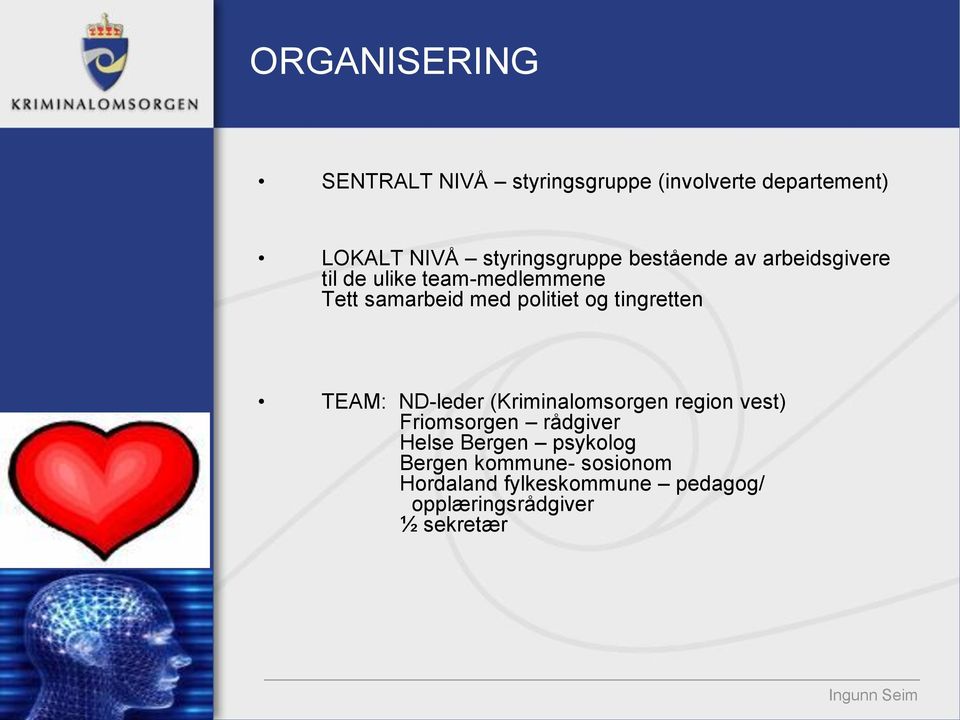 politiet og tingretten TEAM: ND-leder (Kriminalomsorgen region vest) Friomsorgen rådgiver