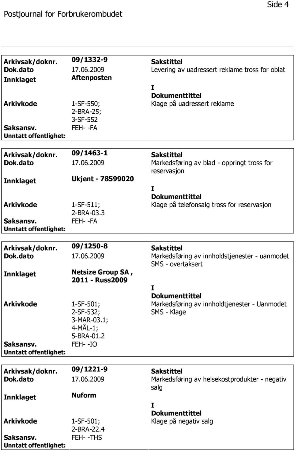 2009 Markedsføring av blad - oppringt tross for reservasjon nnklaget kjent - 78599020 1-SF-511; 2-BRA-03.3 Klage på telefonsalg tross for reservasjon FEH- -FA Arkivsak/doknr. 09/1250-8 Sakstittel Dok.