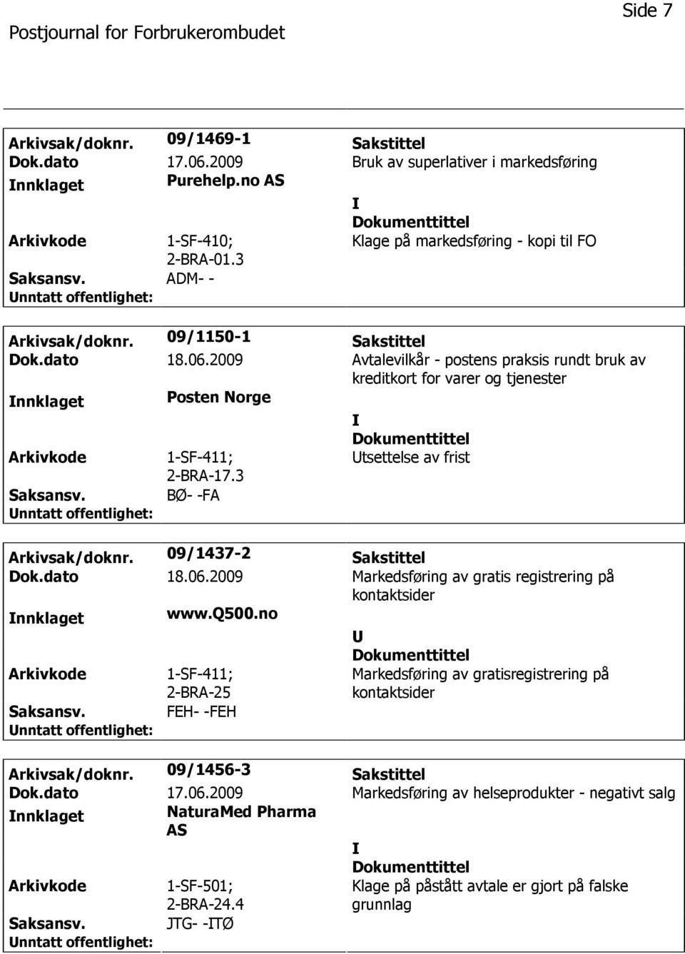 2009 Avtalevilkår - postens praksis rundt bruk av kreditkort for varer og tjenester nnklaget Posten Norge 1-SF-411; 2-BRA-17.3 tsettelse av frist BØ- -FA Arkivsak/doknr. 09/1437-2 Sakstittel Dok.