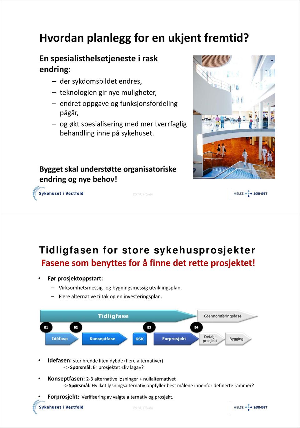 inne på sykehuset. Bygget skal understøtte organisatoriske endring og nye behov! Tidligfasen for store sykehusprosjekter Fasene som benyttes for å finne det rette prosjektet!