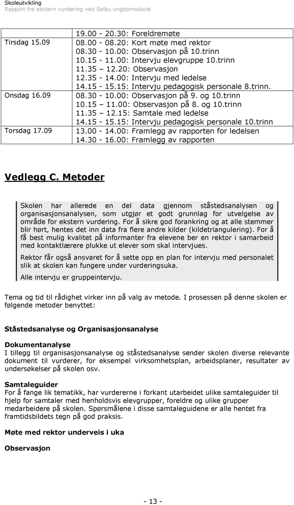 15: Samtale med ledelse 14.15-15.15: Intervju pedagogisk personale 10.trinn 13.00-14.00: Framlegg av rapporten for ledelsen 14.30-16.00: Framlegg av rapporten Vedlegg C.