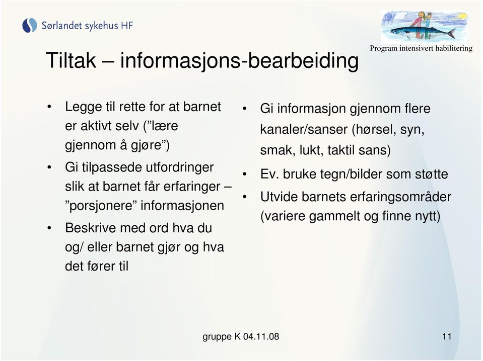 barnet gjør og hva det fører til Gi informasjon gjennom flere kanaler/sanser (hørsel, syn, smak, lukt, taktil