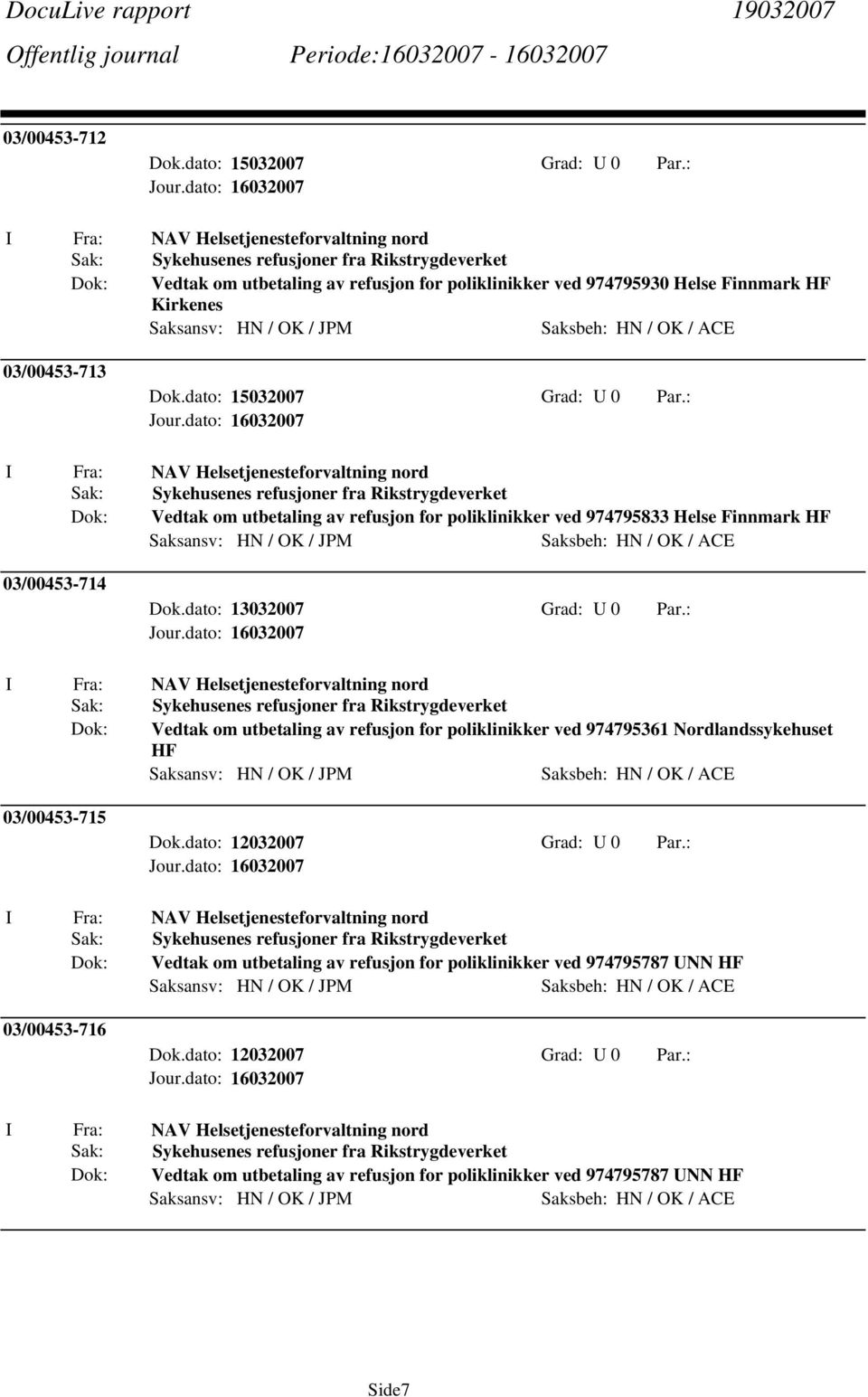 : Dok: Vedtak om utbetaling av refusjon for poliklinikker ved 974795361 Nordlandssykehuset HF 03/00453-715 Dok: Vedtak om utbetaling