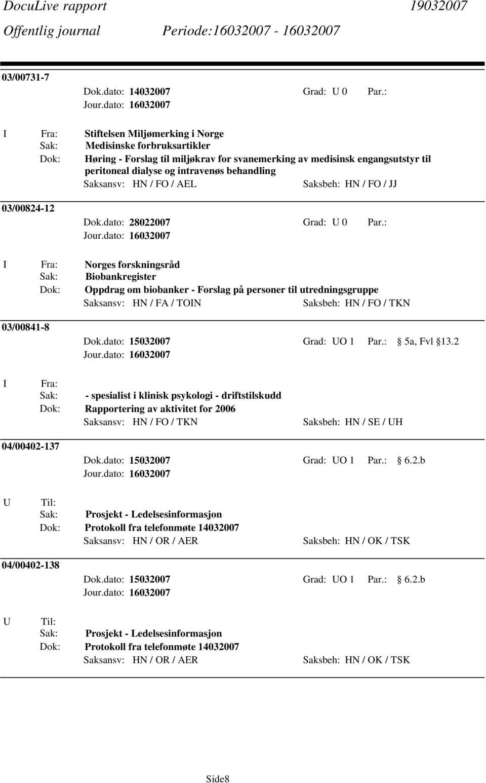 behandling Saksansv: HN / FO / AEL Saksbeh: HN / FO / JJ 03/00824-12 Dok.dato: 28022007 Grad: U 0 Par.