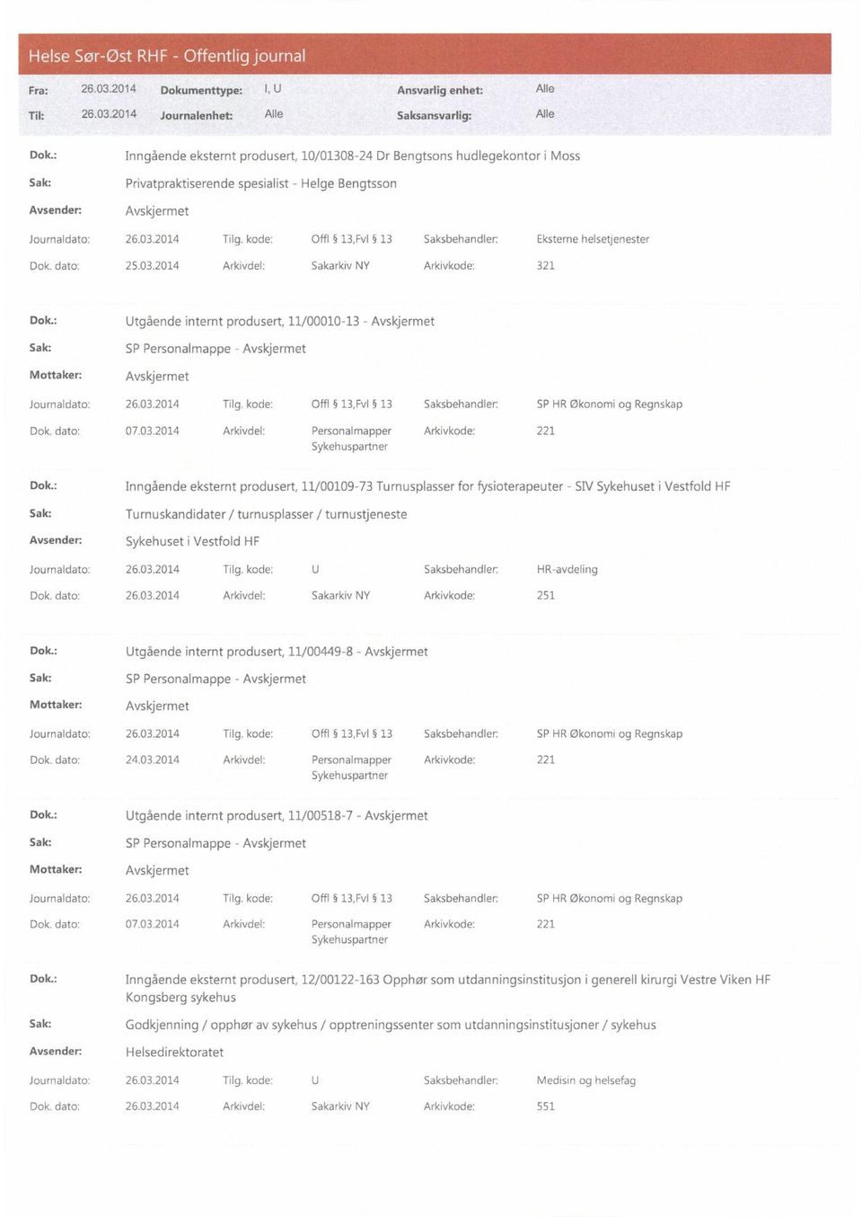 kode: Offl 13,Fv1 13 Saksbehandler: Eksterne helsetjenester Dok. dato: 25.03.2014 Arkivdel: Sakarkiv NY Ark vkode: 321 Dok.