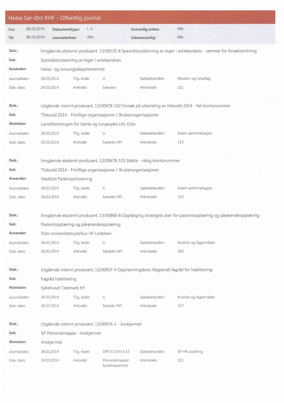 Journaldato: 26.03.2014 Tilg. kode: U Saksbehandler: Medisin og helsefag Dok. dato: 24.03.2014 Arkivdel: Sakarkiv Arkivkode: 321 Dok.