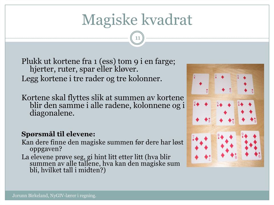 Kortene skal flyttes slik at summen av kortene blir den samme i alle radene, kolonnene og i diagonalene.