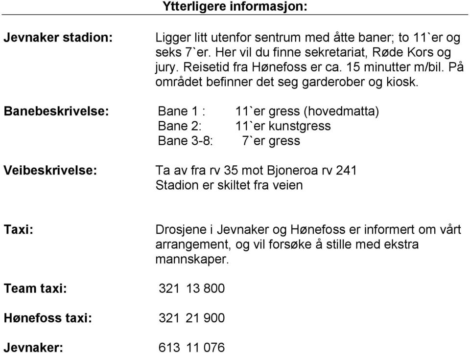 Banebeskrivelse: Bane 1 : 11`er gress (hovedmatta) Bane 2: 11`er kunstgress Bane 3-8: 7`er gress Veibeskrivelse: Ta av fra rv 35 mot Bjoneroa rv 241