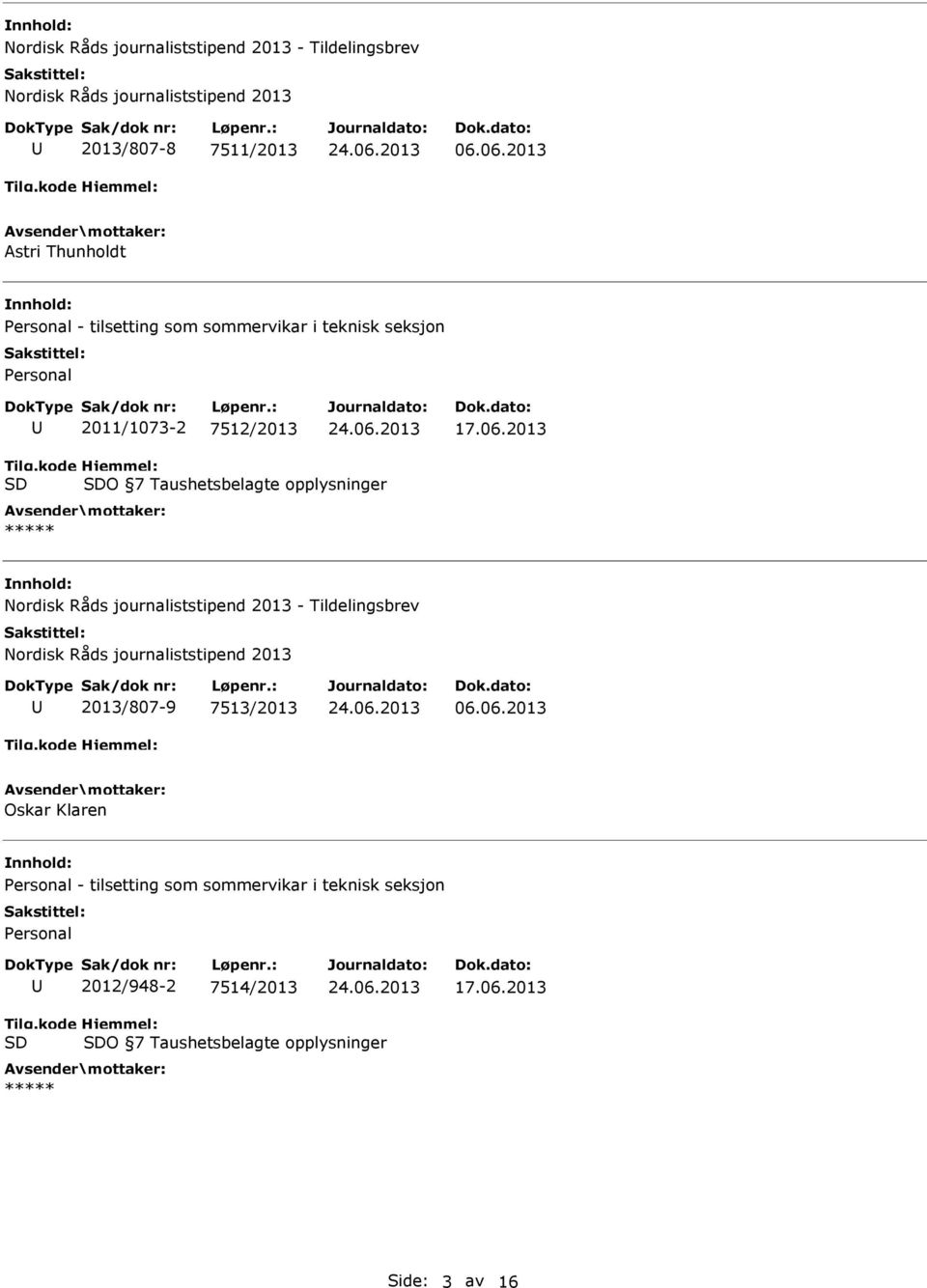 opplysninger Nordisk Råds journaliststipend 2013 - Tildelingsbrev Nordisk Råds journaliststipend 2013 2013/807-9 7513/2013 06.