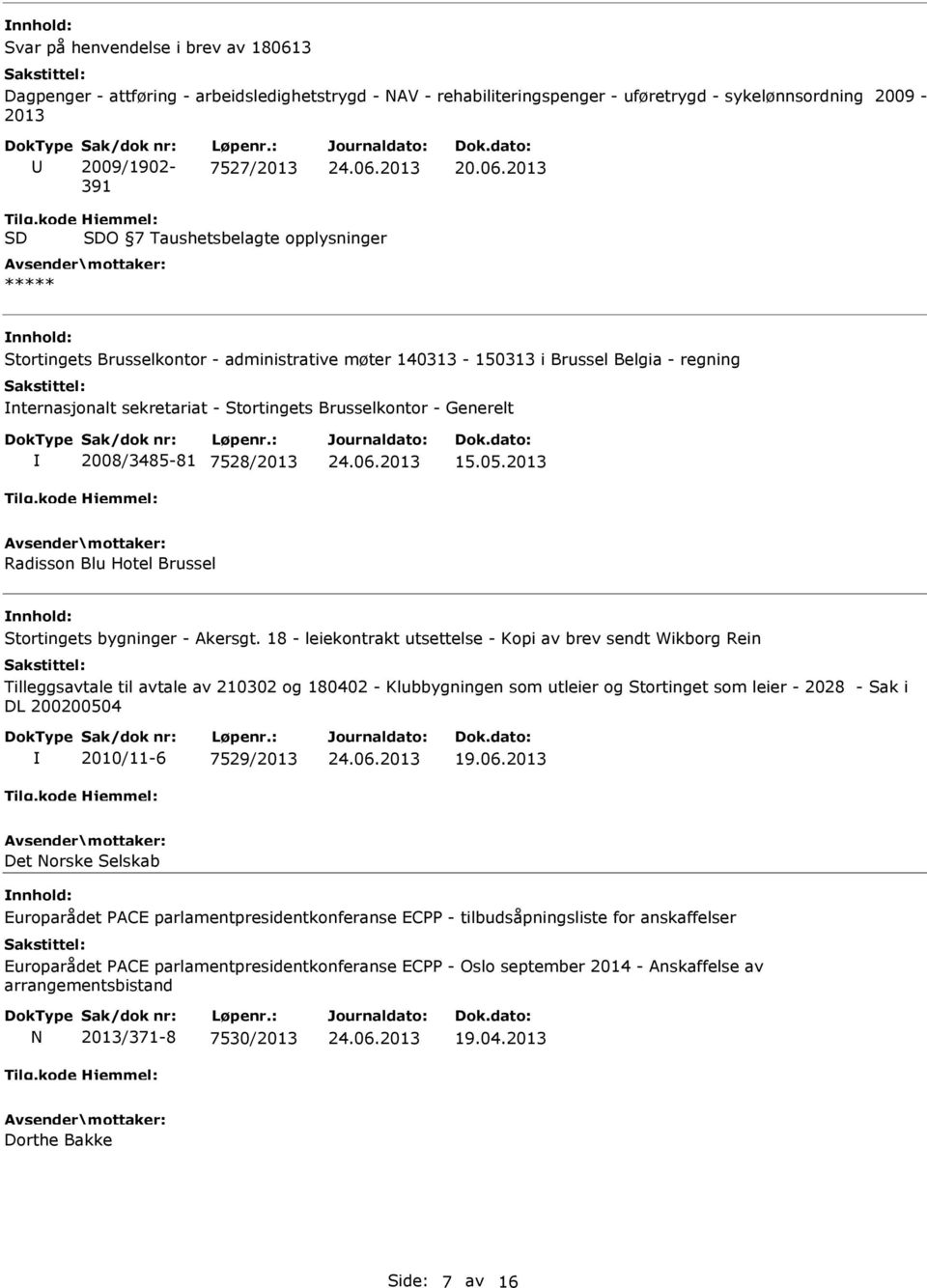 2013 O 7 Taushetsbelagte opplysninger Stortingets Brusselkontor - administrative møter 140313-150313 i Brussel Belgia - regning nternasjonalt sekretariat - Stortingets Brusselkontor - Generelt