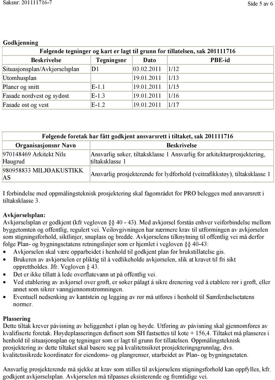 ansvarsrett i tiltaket, sak 201111716 Organisasjonsnr Navn Beskrivelse 970148469 Arkitekt Nils Haugrud 980958833 MILJØAKUSTIKK AS Ansvarlig søker, tiltaksklasse 1 Ansvarlig for