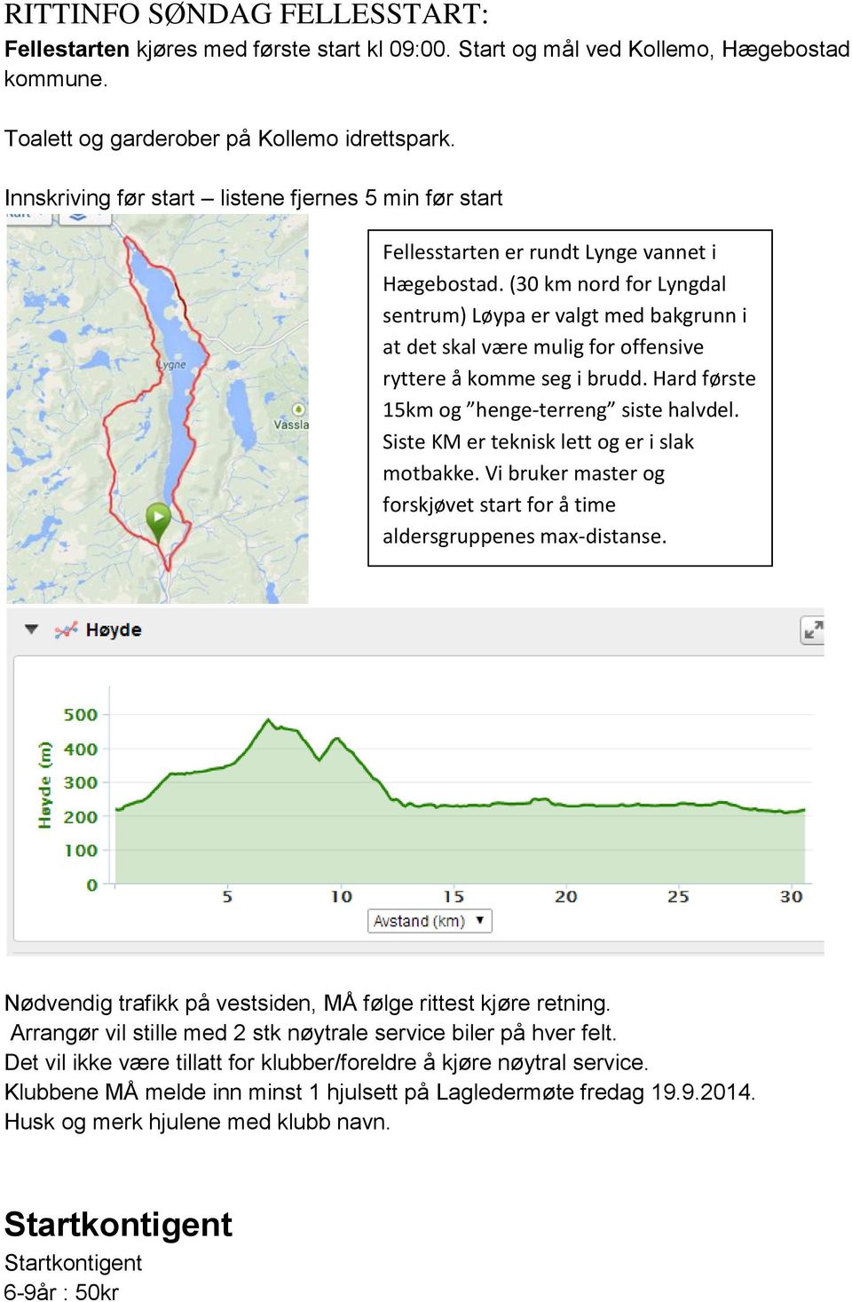 (30 km nord for Lyngdal sentrum) Løypa er valgt med bakgrunn i at det skal være mulig for offensive ryttere å komme seg i brudd. Hard første 15km og henge-terreng siste halvdel.