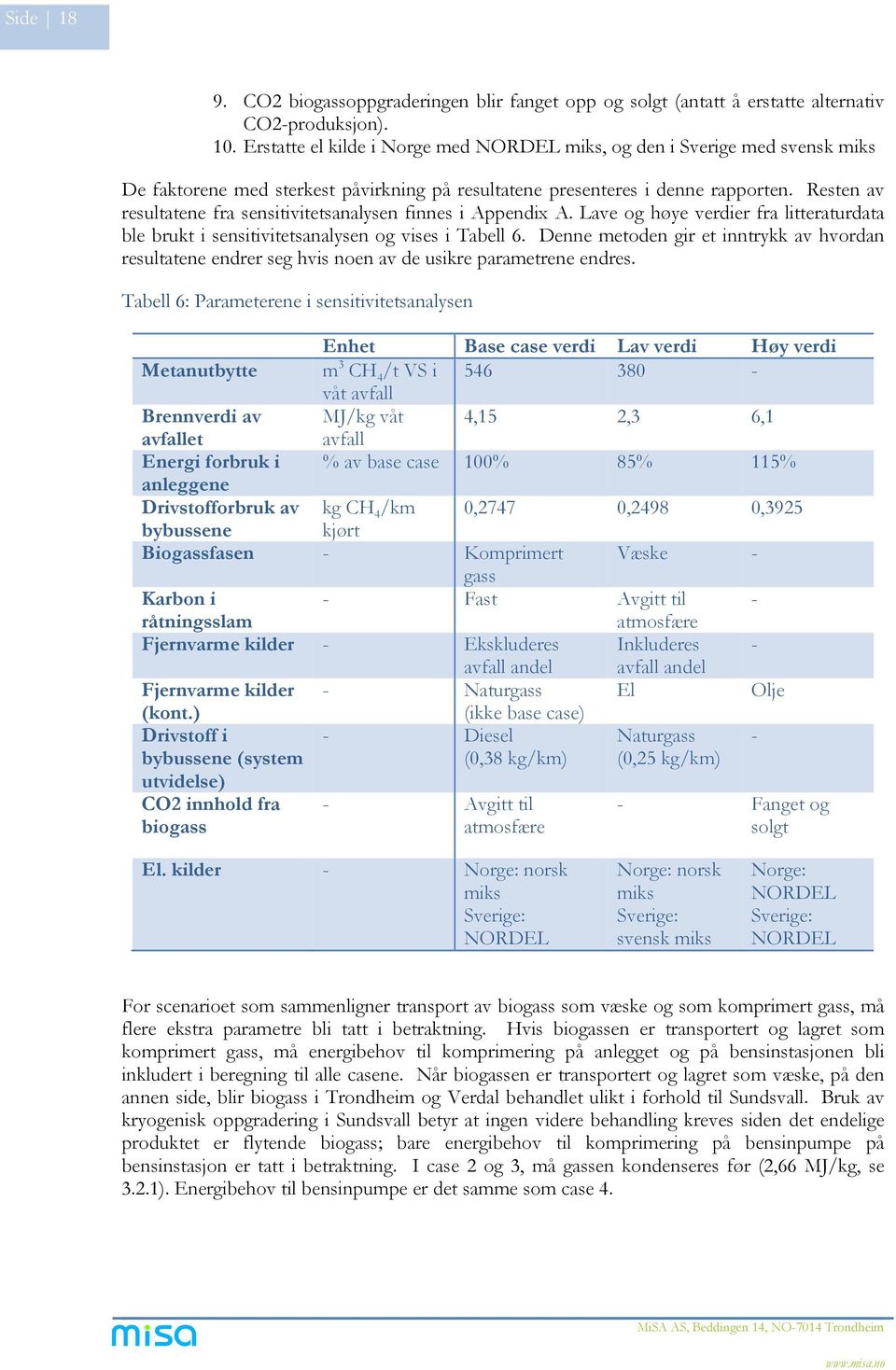 Resten av resultatene fra sensitivitetsanalysen finnes i Appendix A. Lave og høye verdier fra litteraturdata ble brukt i sensitivitetsanalysen og vises i Tabell 6.