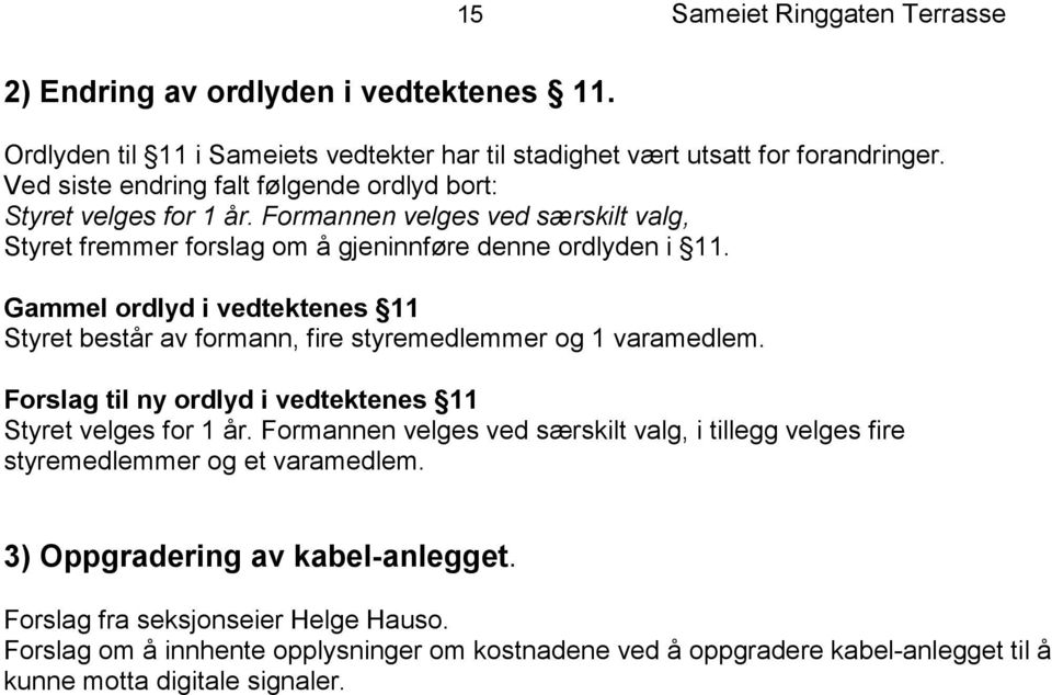 Gammel ordlyd i vedtektenes 11 Styret består av formann, fire styremedlemmer og 1 varamedlem. Forslag til ny ordlyd i vedtektenes 11 Styret velges for 1 år.