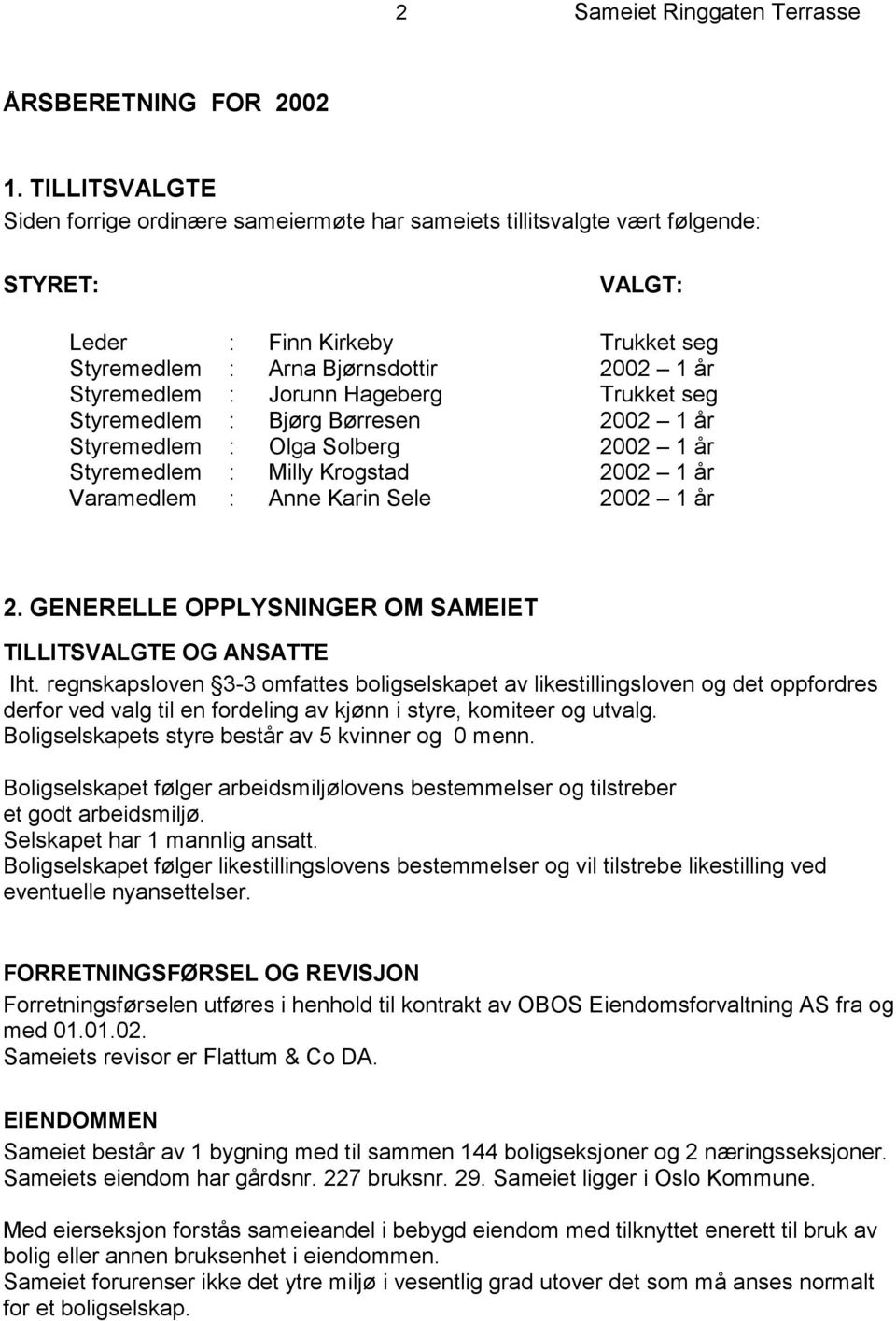 Jorunn Hageberg Trukket seg Styremedlem : Bjørg Børresen 2002 1 år Styremedlem : Olga Solberg 2002 1 år Styremedlem : Milly Krogstad 2002 1 år Varamedlem : Anne Karin Sele 2002 1 år 2.