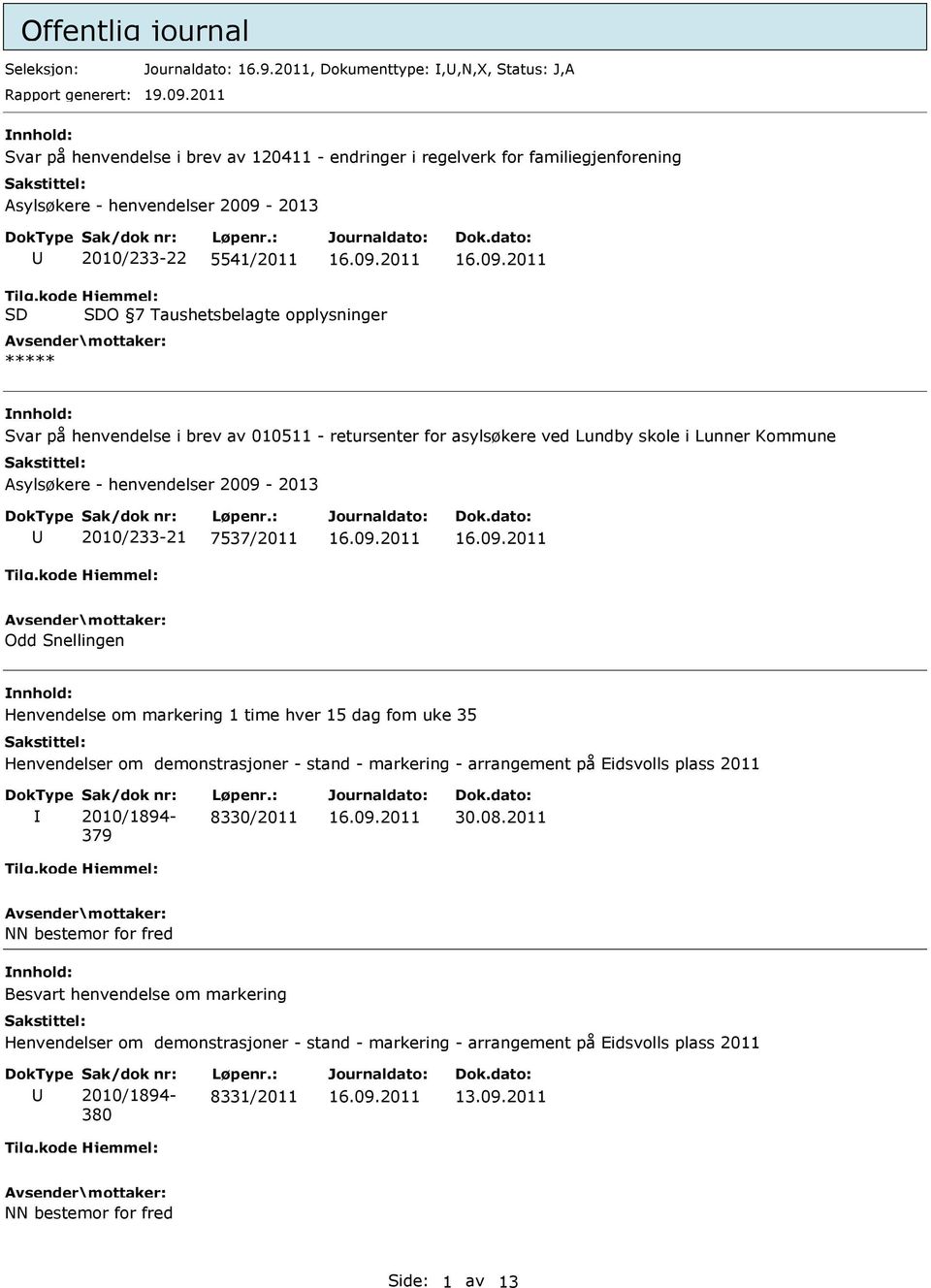 retursenter for asylsøkere ved Lundby skole i Lunner Kommune Asylsøkere - henvendelser 2009-2013 2010/233-21 7537/2011 Odd Snellingen Henvendelse om markering 1 time hver 15 dag fom uke 35