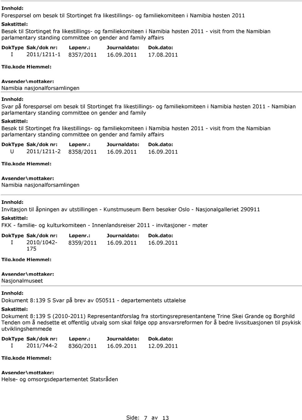 2011 amibia nasjonalforsamlingen Svar på forespørsel om besøk til Stortinget fra likestillings- og familiekomiteen i amibia høsten 2011 - amibian parlamentary standing committee on gender and family