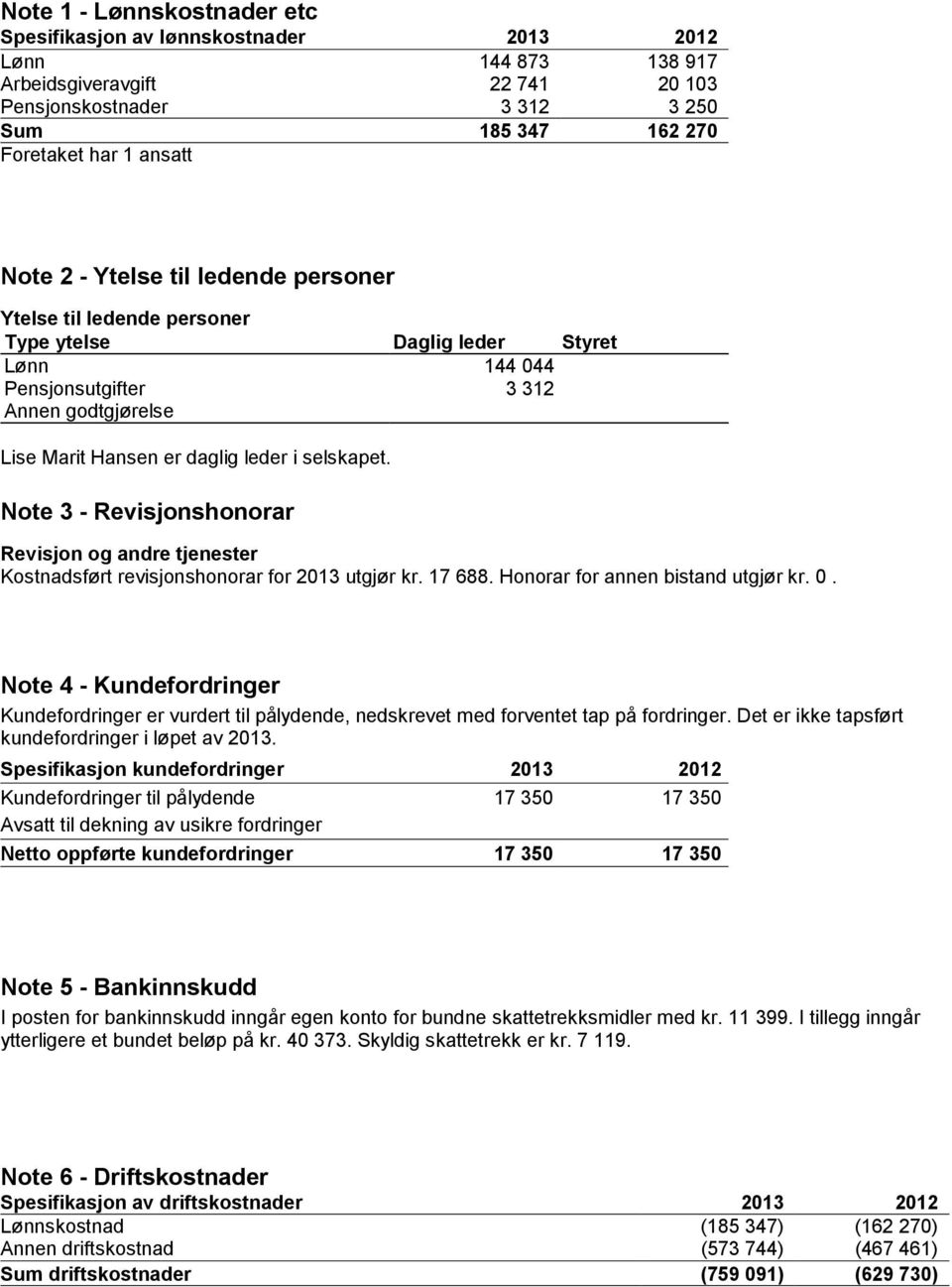 Note 3 Revisjonshonorar Revisjon og andre tjenester Kostnadsført revisjonshonorar for 2013 utgjør kr. 17 688. Honorar for annen bistand utgjør kr. 0.