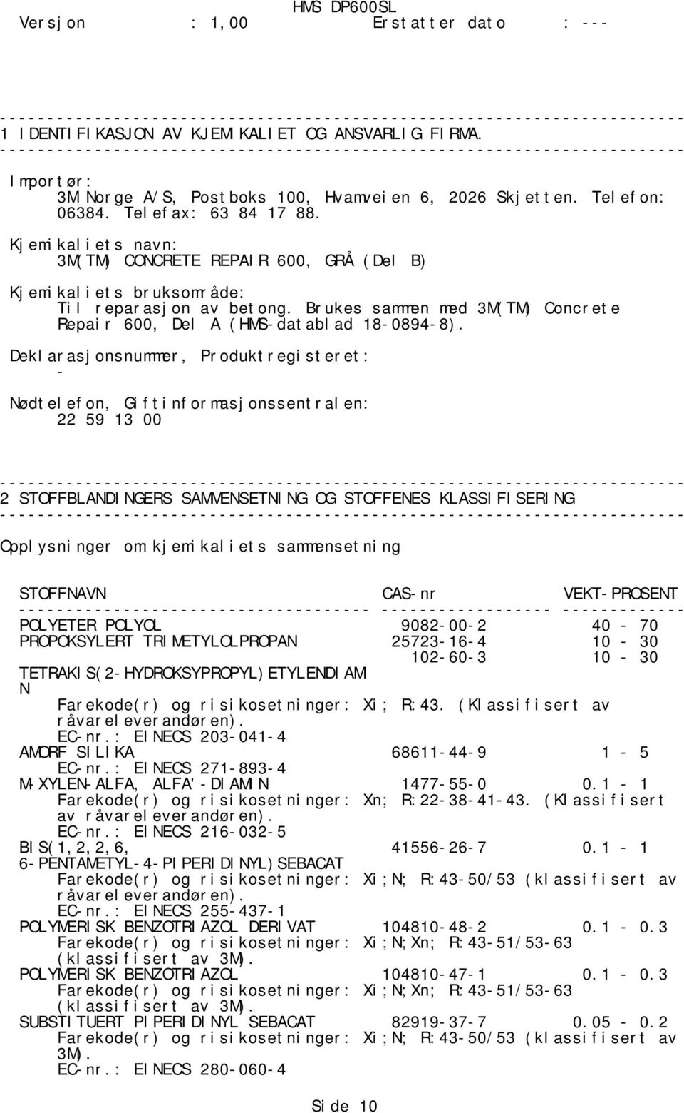 Deklarasjonsnummer, Produktregisteret: Nødtelefon, Giftinformasjonssentralen: 22 59 13 00 2 STOFFBLANDINGERS SAMMENSETNING OG STOFFENES KLASSIFISERING Opplysninger om kjemikaliets sammensetning