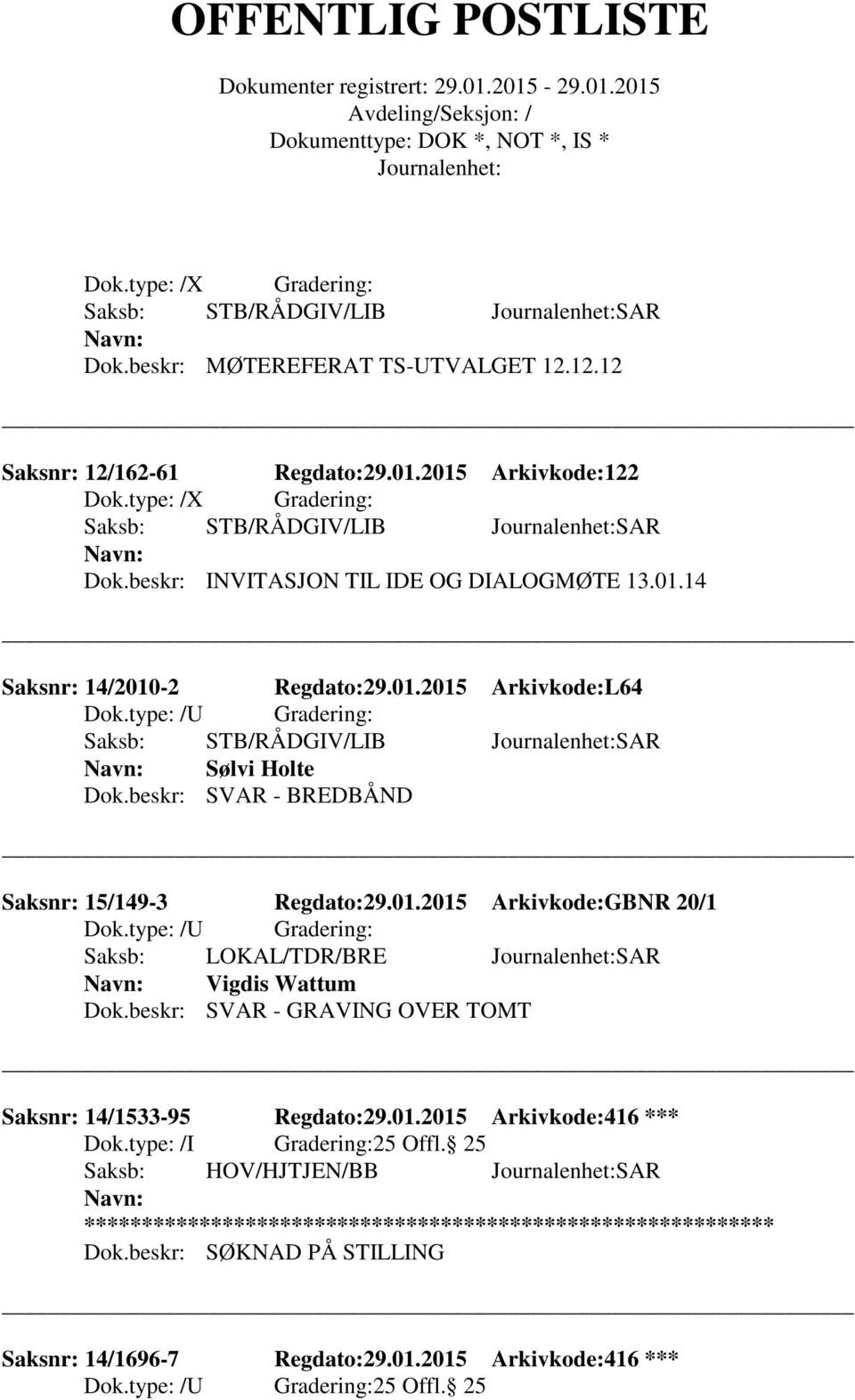 beskr: SVAR - BREDBÅND Saksnr: 15/149-3 Regdato:29.01.2015 Arkivkode:GBNR 20/1 Saksb: LOKAL/TDR/BRE SAR Vigdis Wattum Dok.