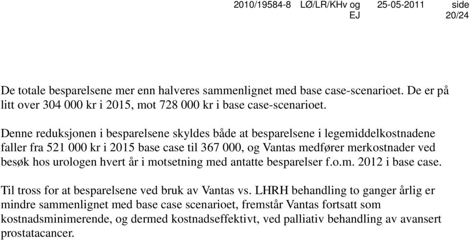 besøk hos urologen hvert år i motsetning med antatte besparelser f.o.m. 2012 i base case. Til tross for at besparelsene ved bruk av Vantas vs.
