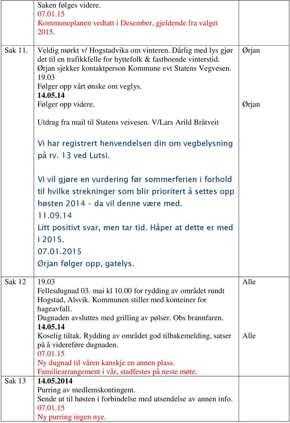 Utdrag fra mail til Statens veivesen. V/Lars Arild Bråtveit Ørjan Ørjan Vi har registrert henvendelsen din om vegbelysning på rv. 13 ved Lutsi.