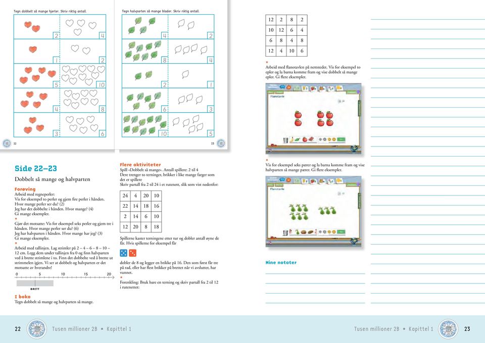 Side 3 Dobbelt så mange og halvparten Arbeid med regneperler: Vis for eksempel to perler og gjem fire perler i hånden. Hvor mange perler ser du? () Jeg har det dobbelte i hånden. Hvor mange? () Gi mange eksempler.