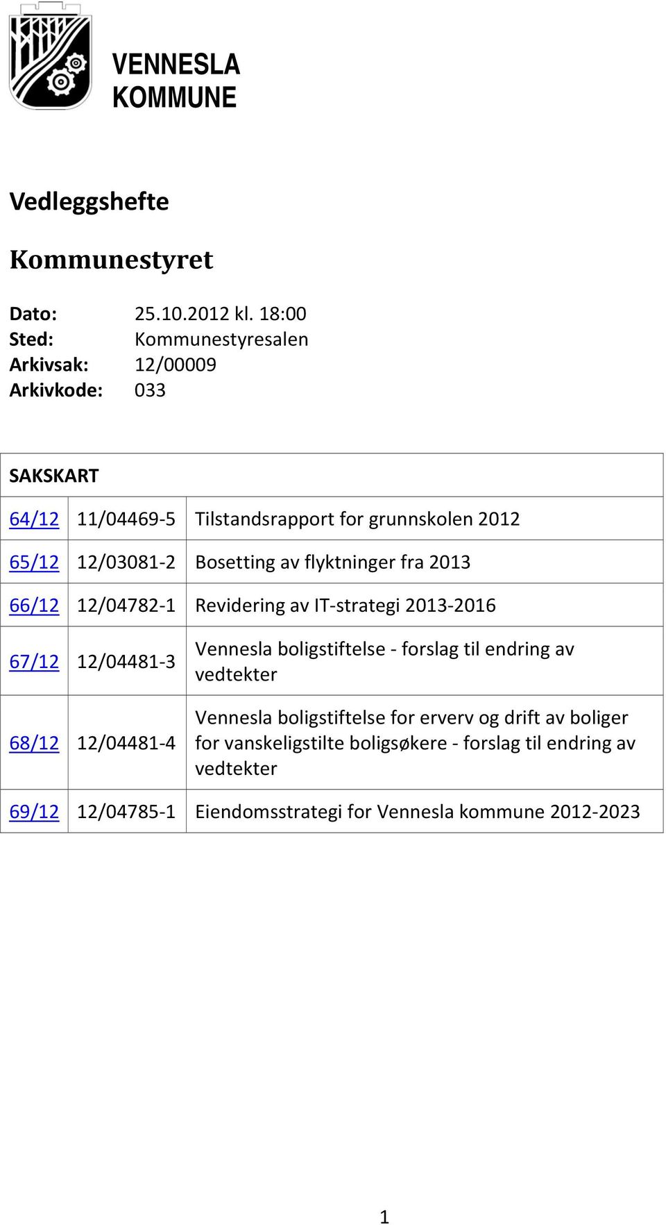 2 Bosetting av flyktninger fra 2013 66/12 12/04782 1 Revidering av IT strategi 2013 2016 67/12 12/04481 3 68/12 12/04481 4 Vennesla