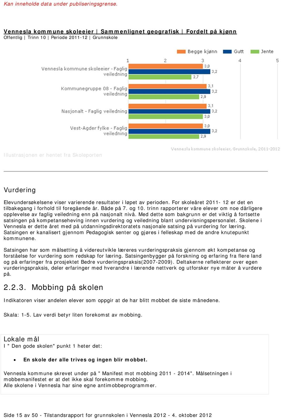 varierende resultater i løpet av perioden. For skoleåret 2011-12 er det en tilbakegang i forhold til foregående år. Både på 7. og 10.