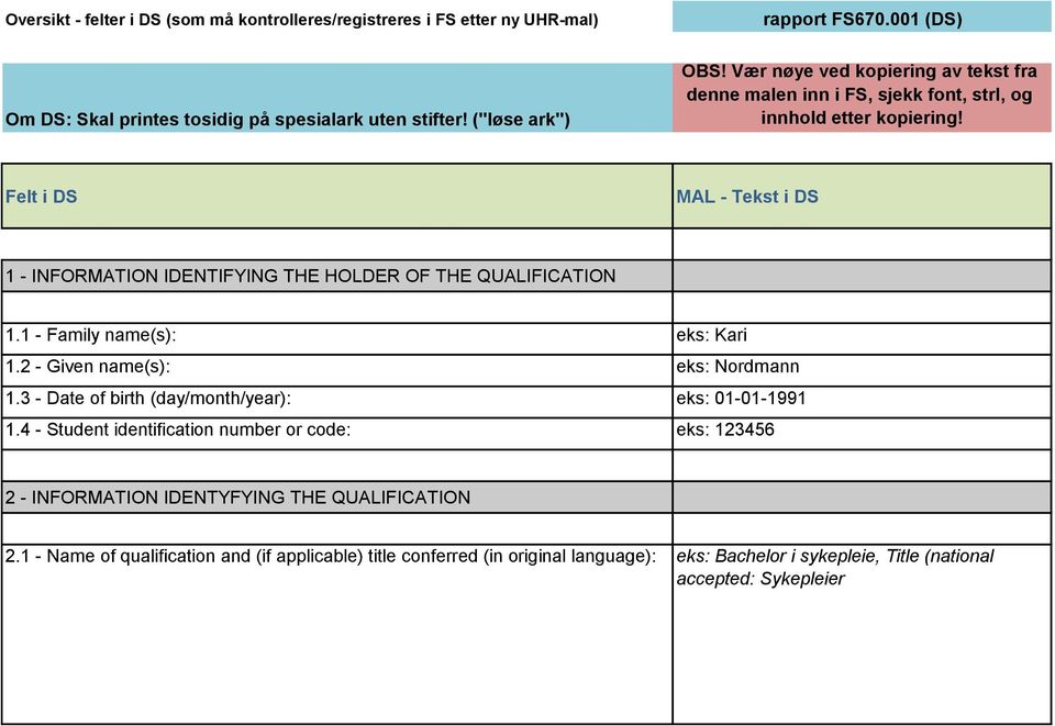 Felt i DS MAL - Tekst i DS 1 - INFORMATION IDENTIFYING THE HOLDER OF THE QUALIFICATION 1.1 - Family name(s): eks: Kari 1.2 - Given name(s): eks: Nordmann 1.