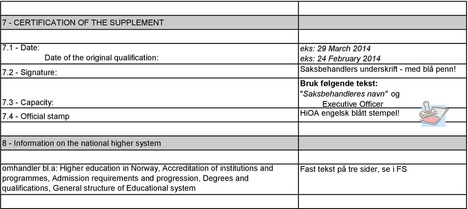 Bruk følgende tekst: "Saksbehandleres navn" og Executive Officer HiOA engelsk blått stempel!