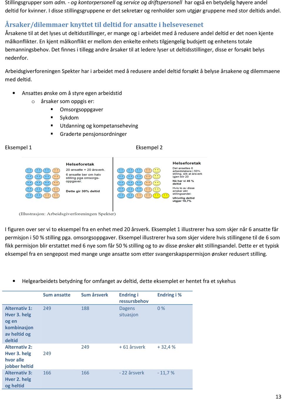 Årsaker/dilemmaer knyttet til deltid for ansatte i helsevesenet Årsakene til at det lyses ut deltidsstillinger, er mange og i arbeidet med å redusere andel deltid er det noen kjente målkonflikter.