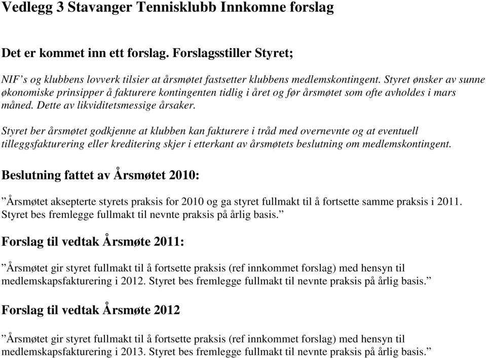 Styret ber årsmøtet godkjenne at klubben kan fakturere i tråd med overnevnte og at eventuell tilleggsfakturering eller kreditering skjer i etterkant av årsmøtets beslutning om medlemskontingent.