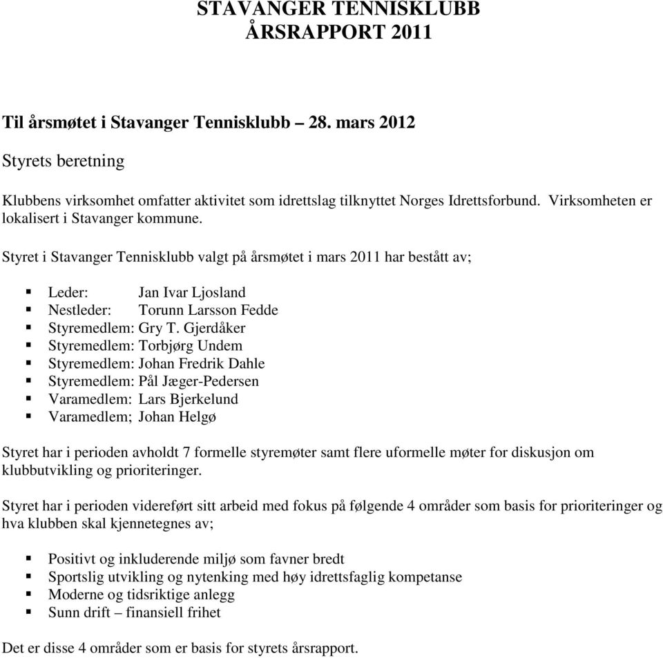 Styret i Stavanger Tennisklubb valgt på årsmøtet i mars 2011 har bestått av; Leder: Jan Ivar Ljosland Nestleder: Torunn Larsson Fedde Styremedlem: Gry T.