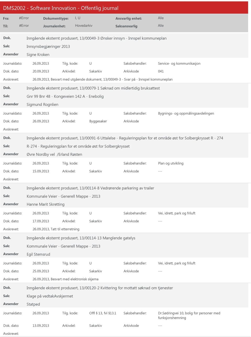 2013, Besvart med utgående dokument, 13/00049-3 - Svar på - Innspel kommuneplan Inngående eksternt produsert, 13/00079-1 Søknad om midlertidig bruksattest Gnr 99 Bnr 48 - Kongeveien 142 A - Enebolig