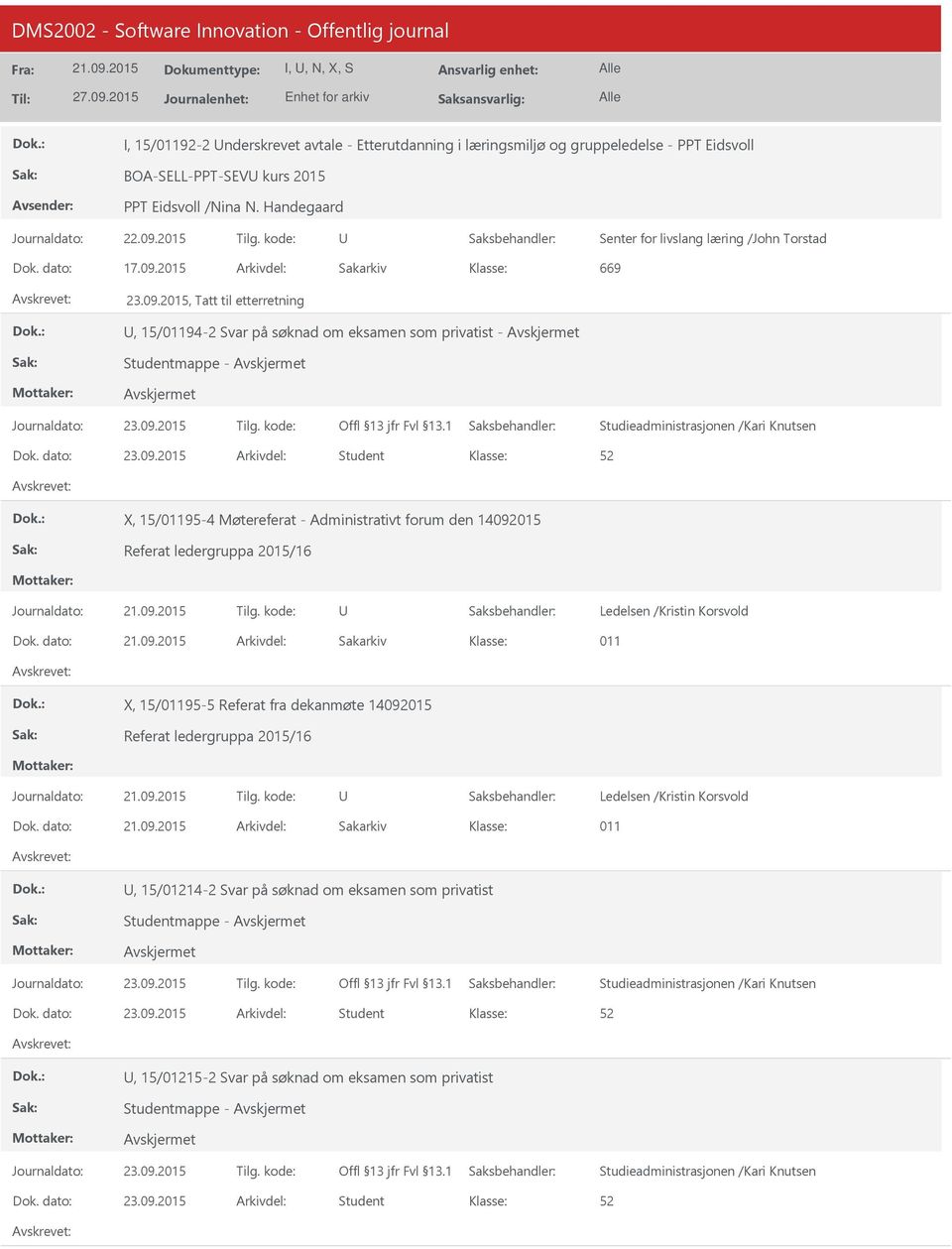 dato: 23.09.2015 Arkivdel: Student X, 15/95-4 Møtereferat - Administrativt forum den 14092015 Referat ledergruppa 2015/16 Dok.