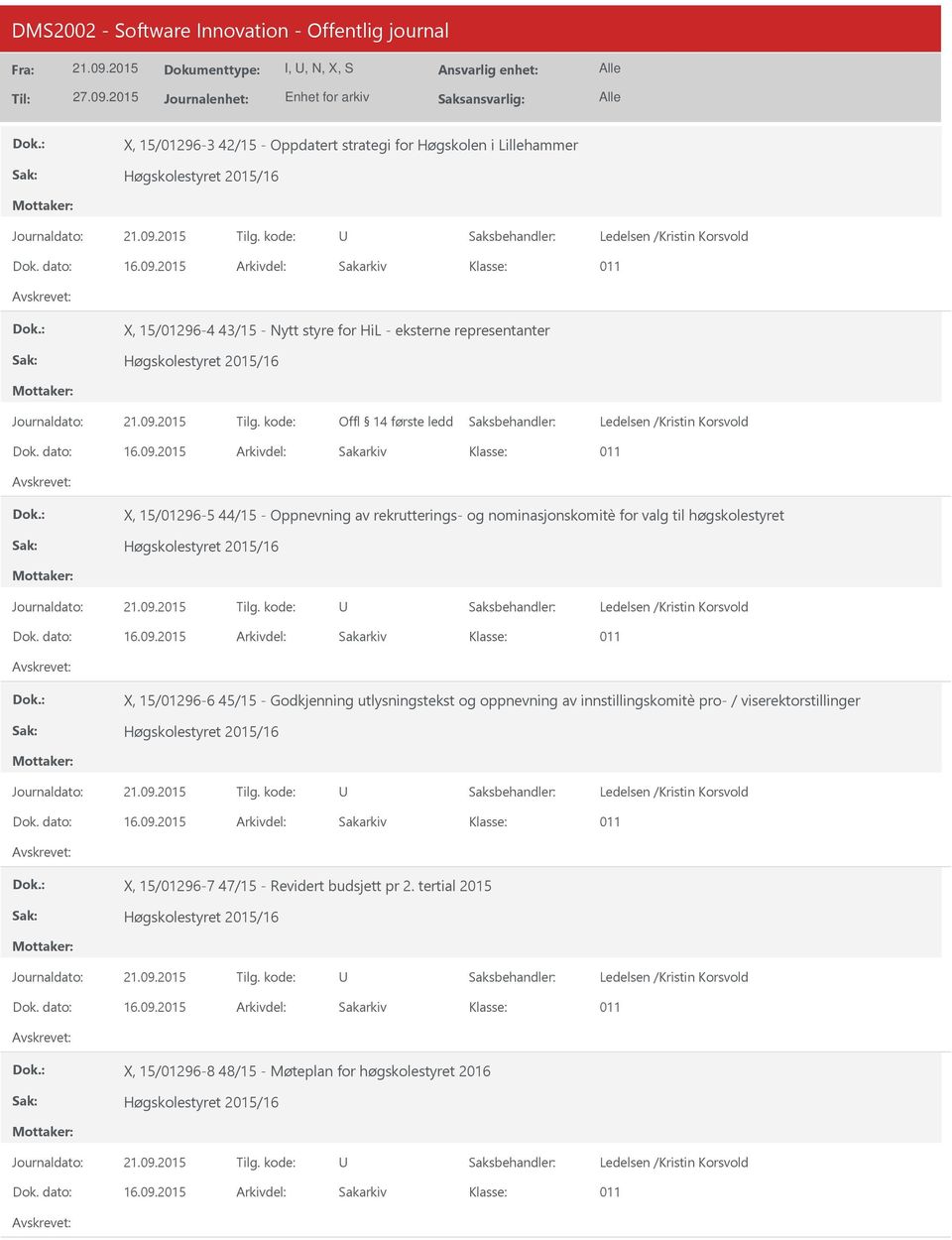 Høgskolestyret 2015/16 X, 15/01296-6 45/15 - Godkjenning utlysningstekst og oppnevning av innstillingskomitè pro- / viserektorstillinger Høgskolestyret