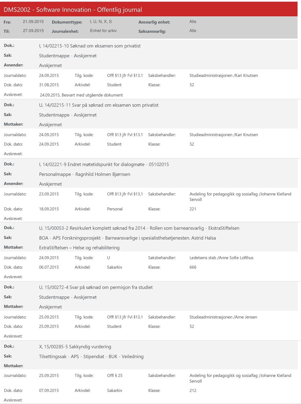 2015 Arkivdel: Student I, 14/02-9 Endret møtetidspunkt for dialogmøte - 05102015 Personalmappe - Ragnhild Holmen Bjørnsen Avdeling for pedagogikk og sosialfag /Johanne Kielland Servoll Dok. dato: 18.